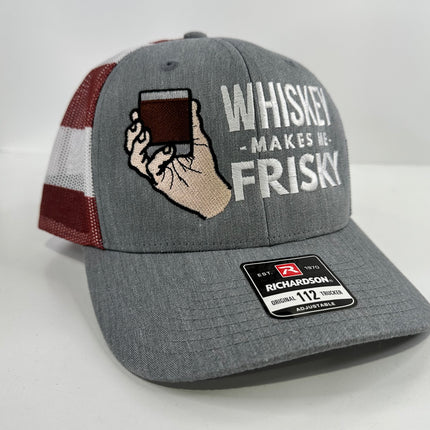 WHISKEY MAKES ME FRISKY RICHARDSON 112 Trucker Cap American Flag Mesh Adjustable SnapBack Cap Hat Custom Embroidered Collab Rowdy Roger