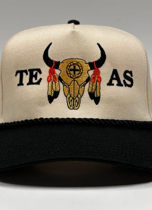 Texas Cow Skull With Feathers Black Rope Cream Crown SnapBack Cap Hat Custom Embroidered