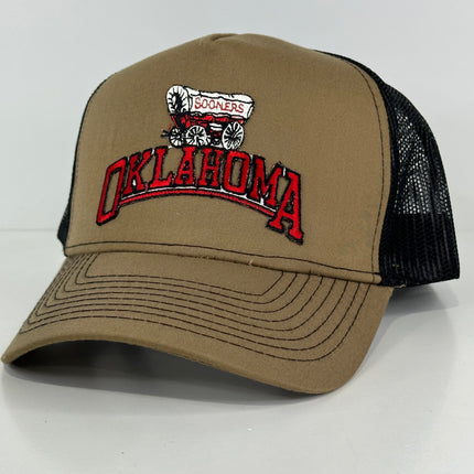 Custom Oklahoma Sooners patch on a Tan and Black Mesh Trucker SnapBack Hat Cap