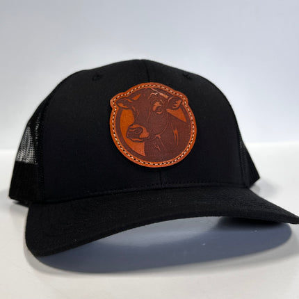 Cow farm Genuine leather sewn on patch Black Mesh Trucker Snapback Hat Cap The Leather Head Hat Co