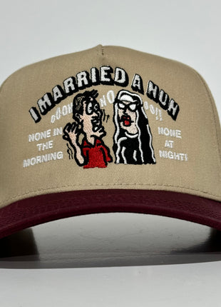 I MARRIED A NUN Tan Maroon SnapBack Cap Funny Dad Hat Custom Embroidered