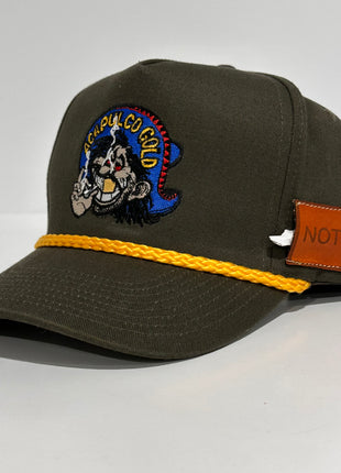 ACAPULCO GOLD With Sewed on Side Leather Pocket Army Green Rope Tall Crown Mesh Back Trucker SnapBack Cap Hat Custom Embroidered