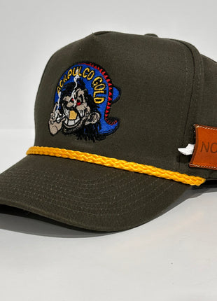 ACAPULCO GOLD With Sewed on Side Leather Pocket Army Green Rope Tall Crown Mesh Back Trucker SnapBack Cap Hat Custom Embroidered