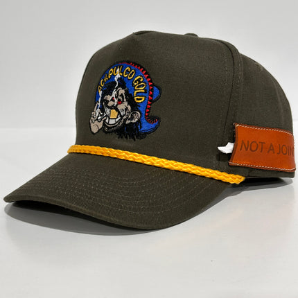 ACAPULCO GOLD With Sewed on Side Leather Pocket Army Green Rope Tall Crown Mesh Back Trucker SnapBack Cap Hat Custom Embroidered