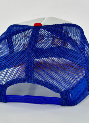 Lil red TNT on a red white blue mesh trucker hat Collab TNT fireworks Custom Embroidered