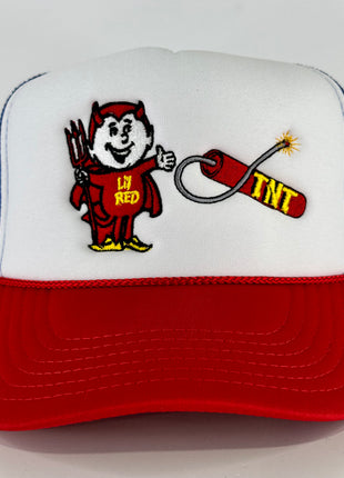 Lil red TNT on a red white blue mesh trucker hat Collab TNT fireworks Custom Embroidered