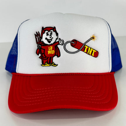 Lil red TNT on a red white blue mesh trucker hat Collab TNT fireworks Custom Embroidered