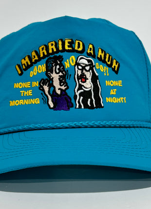 I MARRIED A NUN Vintage Teal Nylon SnapBack Cap Funny Dad Hat Custom Embroidered