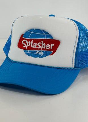 Splasher Roth on a Blue Mesh Trucker SnapBack Hat Cap Collab Splasher Roth Custom Embroidery