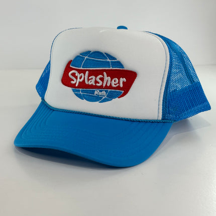 Splasher Roth on a Blue Mesh Trucker SnapBack Hat Cap Collab Splasher Roth Custom Embroidery