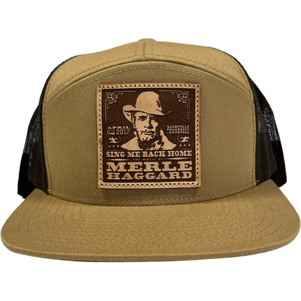 Leather Merle Haggard Sing Me Back Home Sewn on Patch Tan 7 Panel Mesh SnapBack Hat Cap by The Leather Head Hat Co