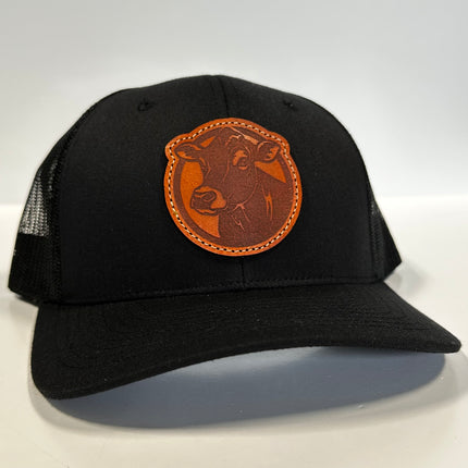 Cow farm Genuine leather sewn on patch Black Mesh Trucker Snapback Hat Cap The Leather Head Hat Co