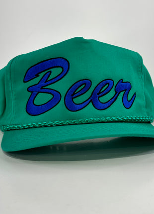 Beer on a Green SnapBack hat cap with rope collab hat Rowdy Roger Custom Embroidery