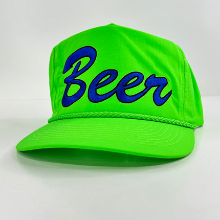 Beer on a neon green SnapBack hat cap with rope Collab rowdy Roger custom embroidery