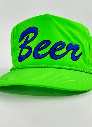 Beer on a neon green SnapBack hat cap with rope Collab rowdy Roger custom embroidery