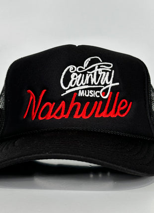 NASHVILLE COUNTY MUSIC Black Mesh Trucker SnapBack Hat Cap Custom Embroidery