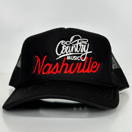 NASHVILLE COUNTY MUSIC Black Mesh Trucker SnapBack Hat Cap Custom Embroidery