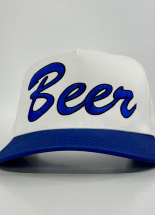 Beer on a white crown blue brim SnapBack hat cap Collab rowdy Roger custom embroidery