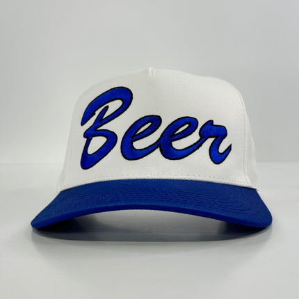 Beer on a white crown blue brim SnapBack hat cap Collab rowdy Roger custom embroidery