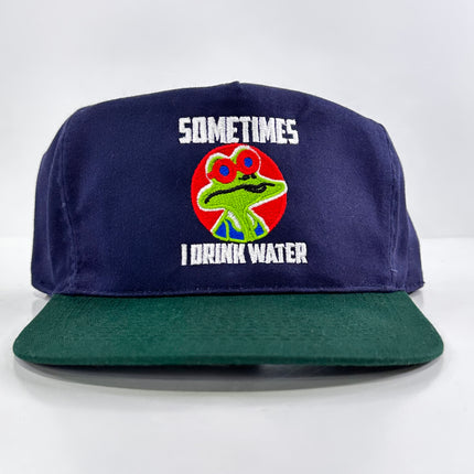 Sometimes I Drink Water on a blue crown green brim Strapback hat cap Collab potent frog custom embroidered