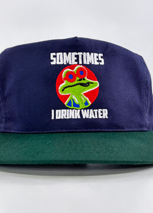 Sometimes I Drink Water on a blue crown green brim Strapback hat cap Collab potent frog custom embroidered
