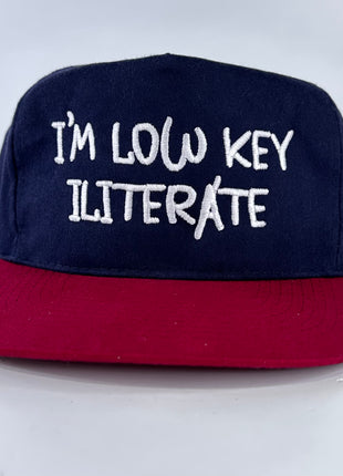 IM LOW KEY ILITERATE Vintage Maroon Strapback Cap Hat illiterate Funny Custom Embroidered