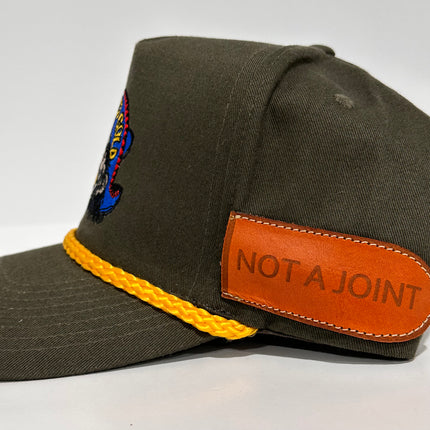 ACAPULCO GOLD With Sewed on Side Leather Pocket Army Green Rope Tall Crown Mesh Back Trucker SnapBack Cap Hat Custom Embroidered