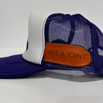ACAPULCO GOLD With Sewed on Leather Pocket Purple Mesh Trucker SnapBack Cap Hat Custom Embroidered