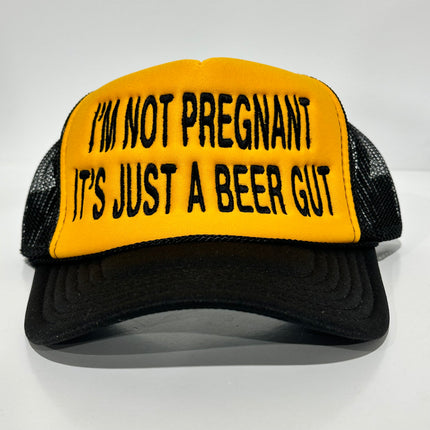 IM NOT PREGNANT ITS JUST A BEER GUT Black Mesh SnapBack Trucker Cap Funny Beer Drinking Hat Custom Embroidered Collab Cut The Activist