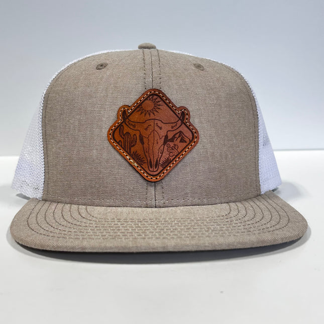 Bull skull Genuine leather patch sewn on a khaki white mesh Snapback Hat cap The Leather Head Hat co
