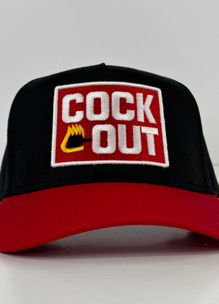 Cock Out Funny on a Black Crown Red Brim SnapBack Hat Cap Custom Embroidered