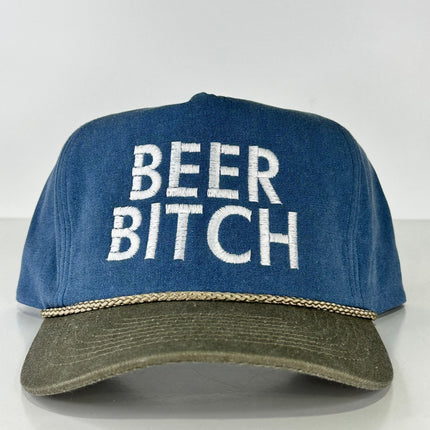 Beer Bitch on a blue crown khaki brim SnapBack Hat Cap with rope custom embroidered