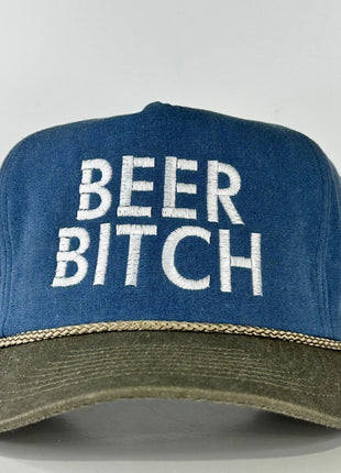 Beer Bitch on a blue crown khaki brim SnapBack Hat Cap with rope custom embroidered