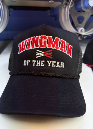 Wingman of the year on a black SnapBack Hat Cap with black rope Collab Wingman of the year Wotyofficial Custom Embroidered