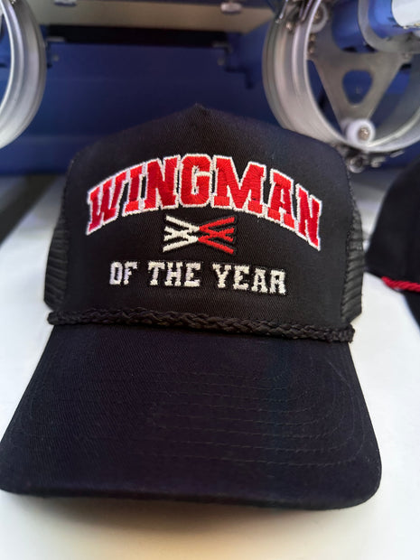 Wingman of the year on a black SnapBack Hat Cap with black rope Collab Wingman of the year Wotyofficial Custom Embroidered