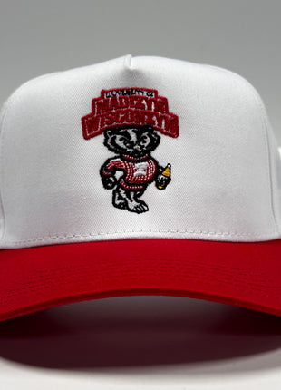 University of Madizyn Wisconzyn on a White Crown Red Brim Snapback Cap Hat Custom Embroidery