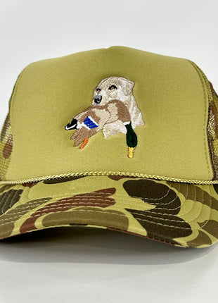 Lab Dog Duck Hunting on a Camo Mesh Trucker SnapBack Hat Cap Custom Embroidered