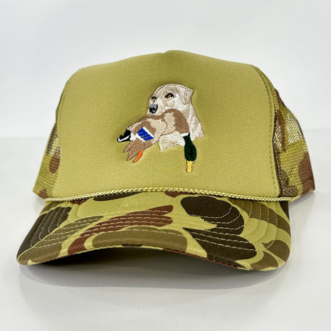 Lab Dog Duck Hunting on a Camo Mesh Trucker SnapBack Hat Cap Custom Embroidered