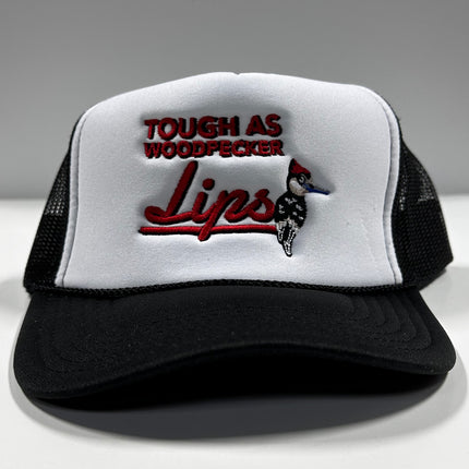 Tough as Woodpecker’s Lips Black Mesh Trucker Snapback Hat Cap Collab Justin Stagner Southern Grandpa Custom Embroidered