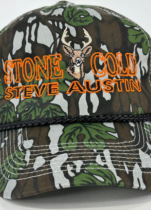 STONE COLD Hunting on a Vintage GREEN CAMO Rope SNAPBACK CAP Deer HAT CUSTOM EMBROIDERED