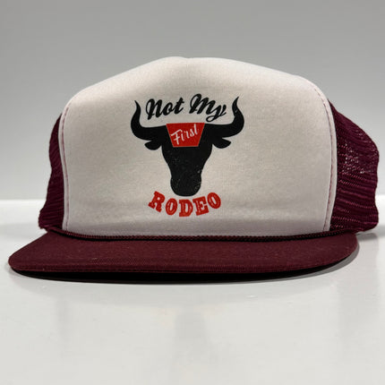 NOT MY FIRST RODEO on a 90s Vintage Flat Brim Maroon Mesh Trucker SnapBack Cap Hat Custom Printed