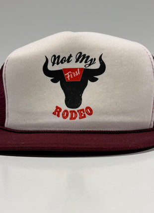 NOT MY FIRST RODEO on a 90s Vintage Flat Brim Maroon Mesh Trucker SnapBack Cap Hat Custom Printed