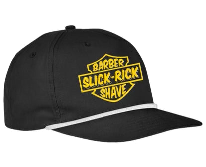 Custom order Barber Slick-Rick Shave on a black Snapback hat cap with white rope Custom Embroidery
