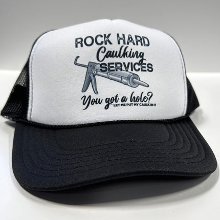 ROCK HARD CAULKING SERVICES Funny Black Mesh Trucker SnapBack Cap Hat Custom Printed