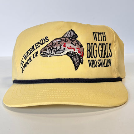 Brown Trout ON WEEKENDS I HOOK UP WITH BIG GIRLS WHO SWALLOW Funny Fishing Yellow SnapBack Rope Golf Hat Cap Custom Embroidered