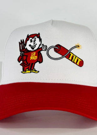 Lil red TNT on a red and white SnapBack Hat Cap Collab TNT Fireworks Custom Embroidered