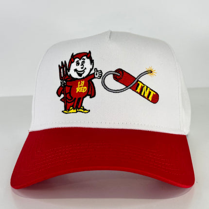 Lil red TNT on a red and white SnapBack Hat Cap Collab TNT Fireworks Custom Embroidered