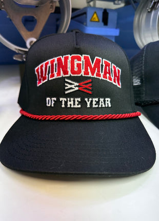 Wingman of the year on a black SnapBack Hat Cap with Red Rope Collab Wingman of the year Wotyofficial Custom Embroidery