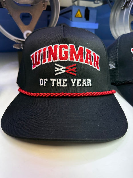 Wingman of the year on a black SnapBack Hat Cap with Red Rope Collab Wingman of the year Wotyofficial Custom Embroidery