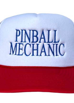Pinball Mechanic BLUE Mesh WHITE Crown RED Brim Trucker Snapback Cap Hat Custom Embroidery